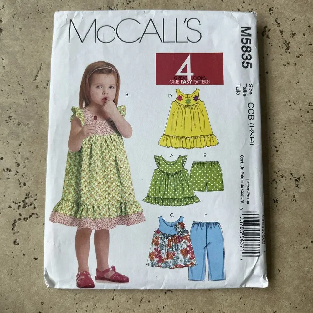 McCall's 5835 Easy Toddler Tops, Dresses, Shorts, Capri Pants Pattern 1-4 Uncut